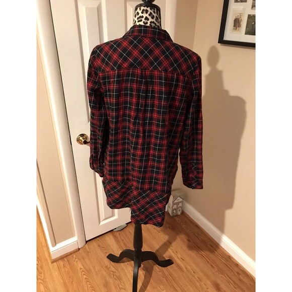 J.Jill Tunic Top Button Front Red Black Plaid Medium 100% Cotton Collard - Picture 2 of 8